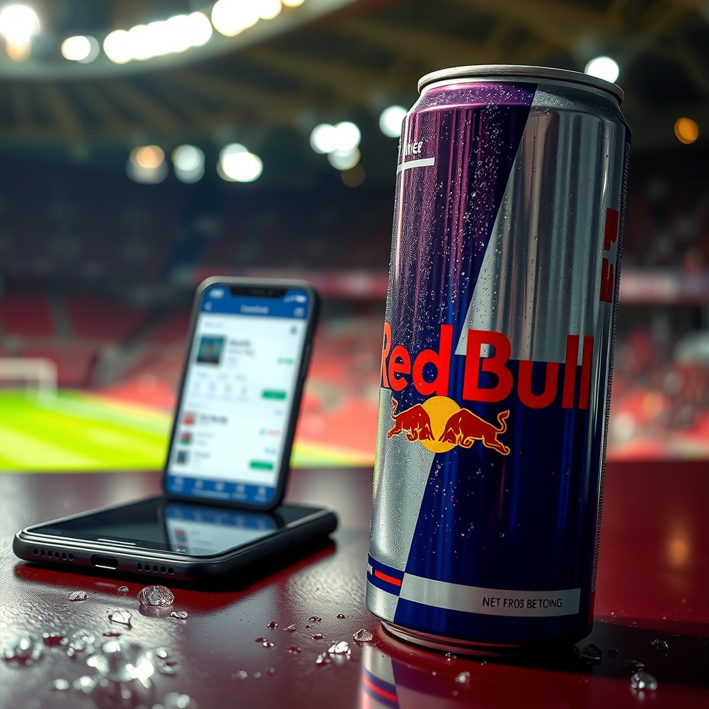 Lattina di Red Bull accanto a uno smartphone con app di scommesse sportive